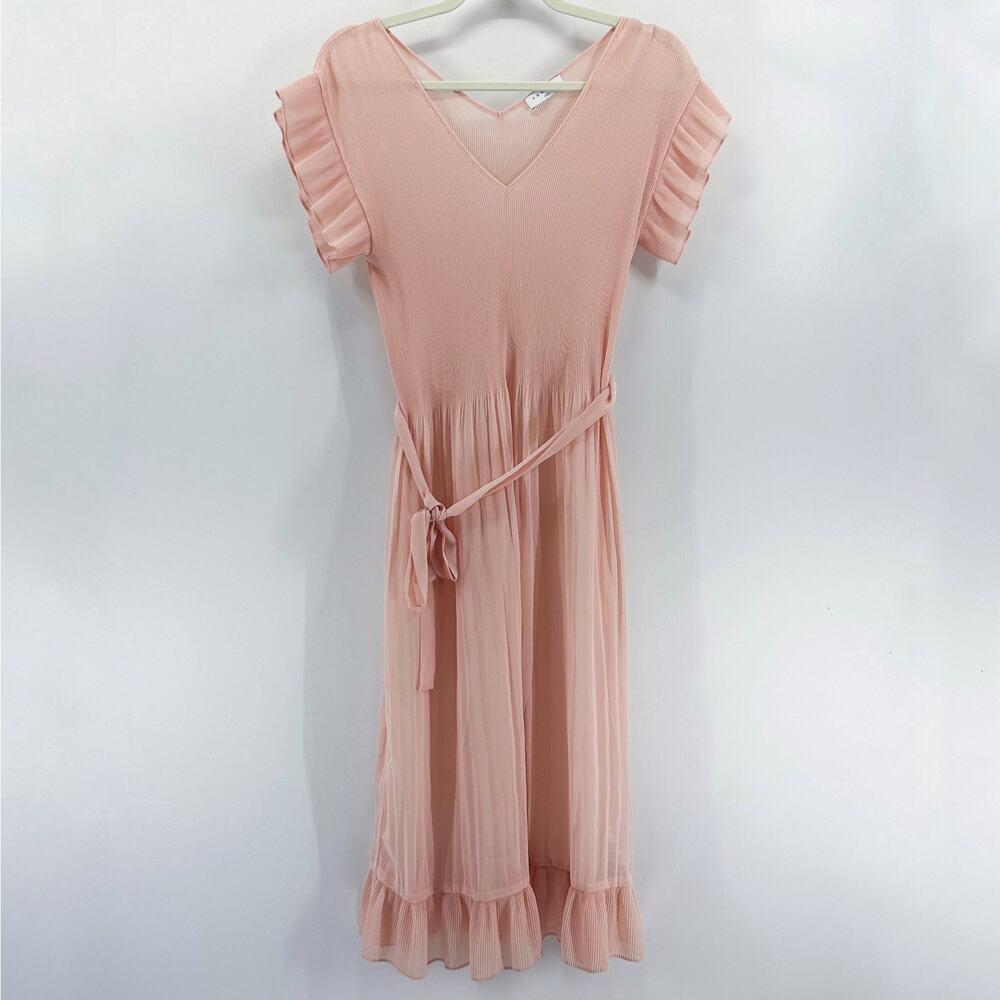 Sandro Paris Pink Sheer Flutter Sleeve Pleated Tie Waist Midi Dress